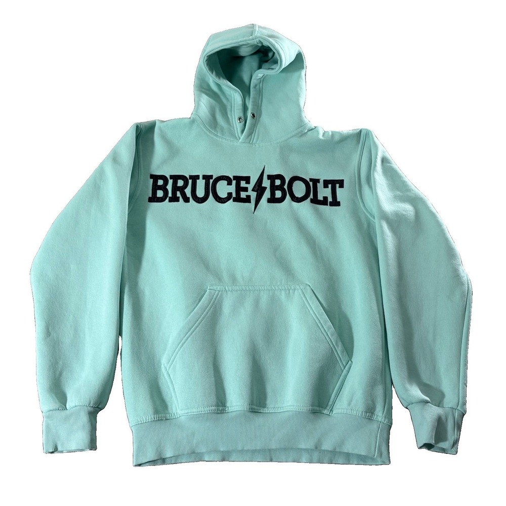 Bruce Bolt Hoodie Mens Small‎ Mint Green Callout Pullover Cotton Blend Baseball